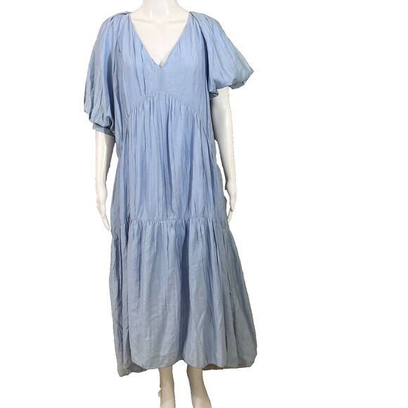 FRAME Shirred  V-Neck Puff Sleeves Midi Dress women’s S Blue part lined Tiered* - Picture 1 of 12